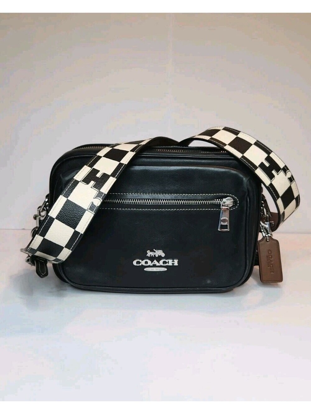 Coach Elias Crossbody Bag Black White Checkerboard Leather Strap RARE!